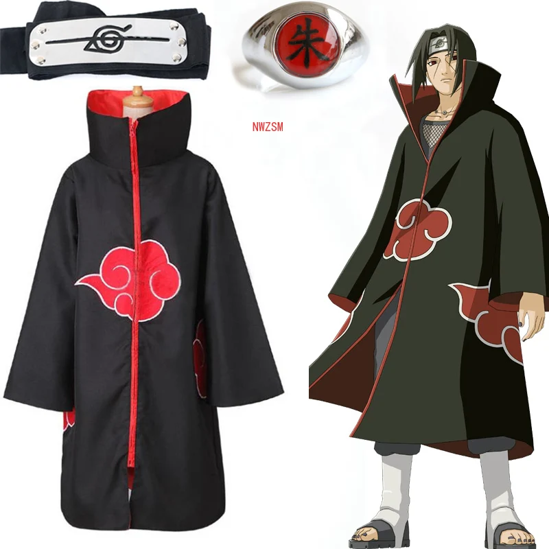 

Anime Akatsuki Akatsuki Cloak Cosplay Costume Uchiha Itachi Ring Headband Men Gifts Sasuke Cloak Robe Cape Halloween Carnival