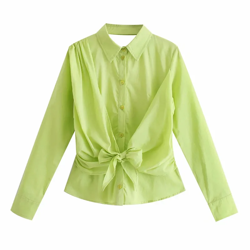 

ZA women's shirt 2021 summer new women's refreshing summer lapel long sleeve women's volleyball buckle backless slimming shirt