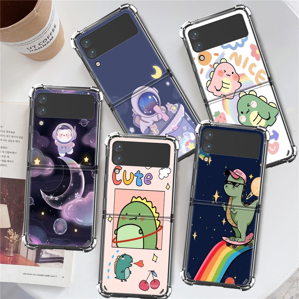 

Lovely Little Dinosaur Lovers Case For Samsung Galaxy Z Flip 3 5G Funda Z Flip3 Clear PC Hard Shockproof Back Phone Coque Shell