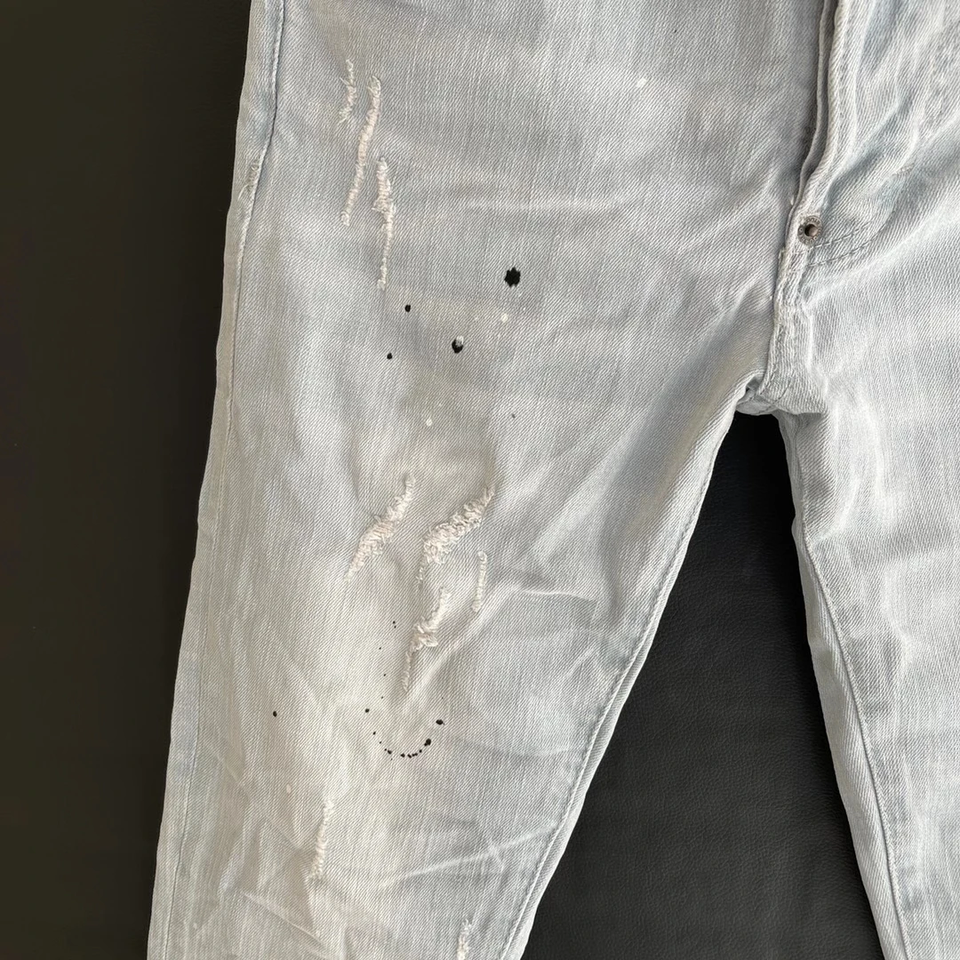 New DSQUARED2 Men's/Women's Light-Colored Micro-Elastic Simple And Versatile Trend Paint Made Old Slim-Fit Jeans 9103