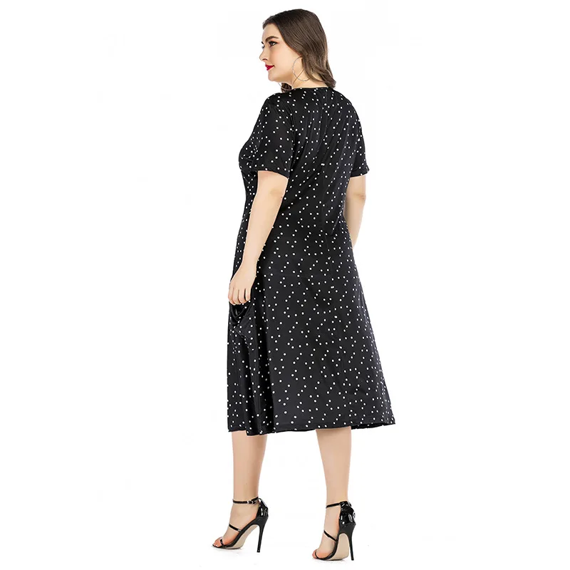 

Plus Size Polka Dot Print Black Dress 2021 New Arrivals Summer Women Short Sleeve Party Dress XL-6XL Vestidos A-Line Dresses
