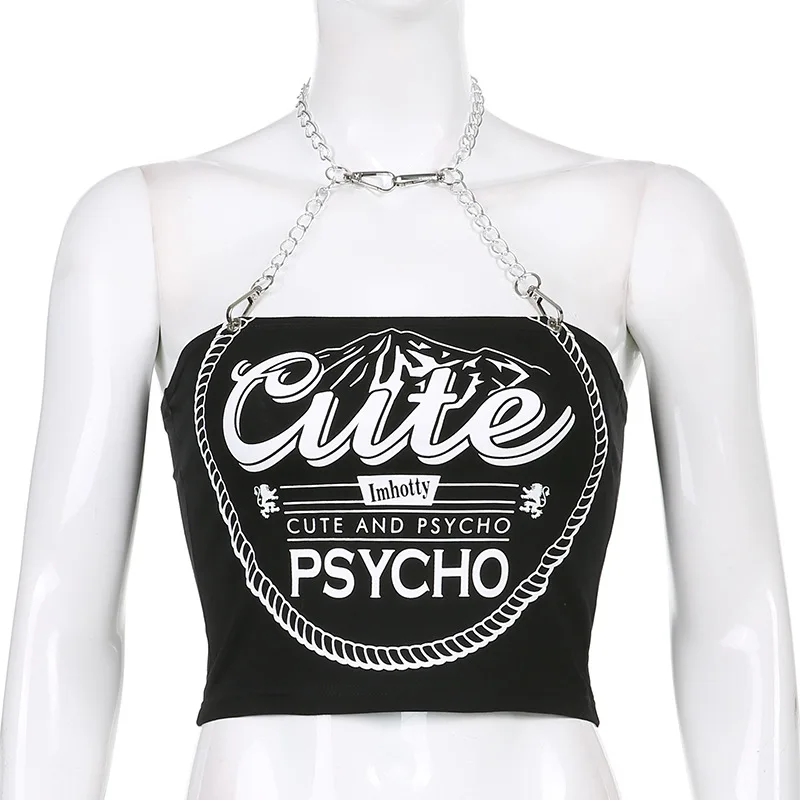 

Goth Dark Y2k Harajuku Gothic Aesthetic Halter Camis E-Girl Black Bodycon Sexy Crop Tops Graphic Print Summer Fashion Streetwear