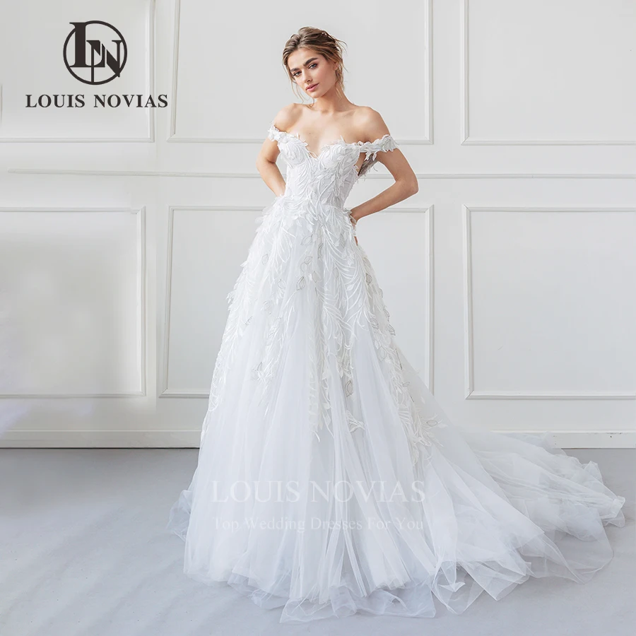 

Свадебные платья LOUIS NOVIAS, новинка 2022, сексуальное Белое Тюлевое платье без рукавов с открытыми плечами, ТРАПЕЦИЕВИДНОЕ ПЛАТЬЕ с листьями и кружевом