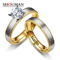 shouman fashion big cubic zircon stainless steel couple rings for men women wedding personalize engrave custom name gift