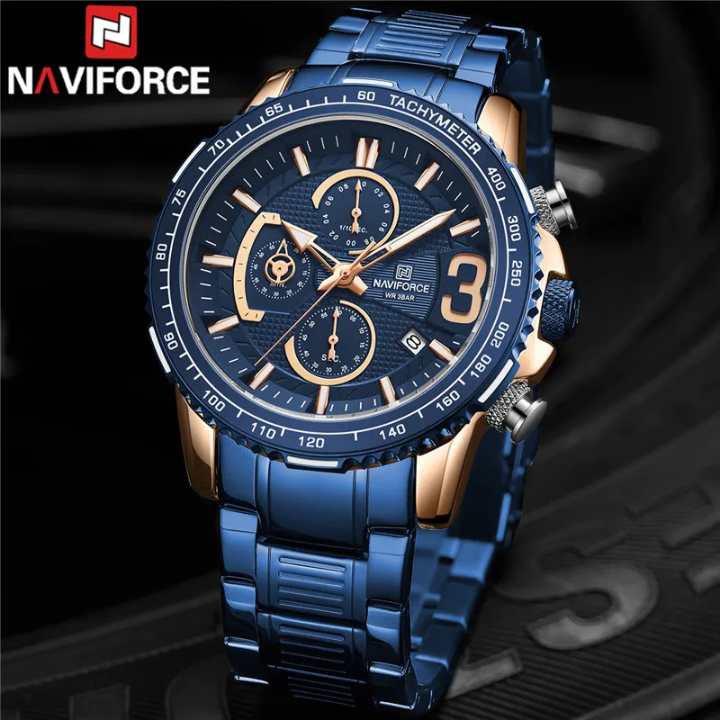 

NAVIFORCE Men Watch Date Sport Man Wristwatch Top Brand Luxury Blue Military Chronograph Stainless Steel Quartz Male Clock 8017