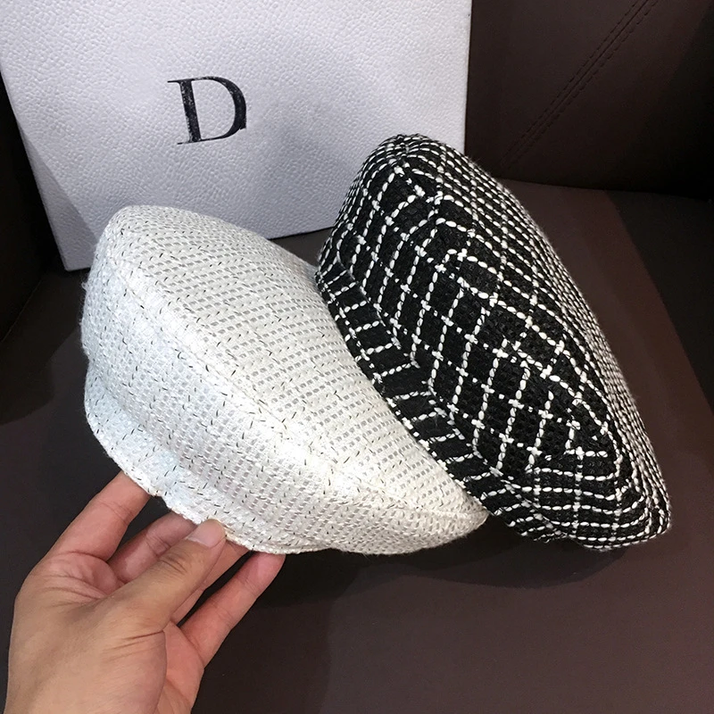 

2021 autumn/winter new fashion octagonal hat small fragrance beret female retro elegant British style tweed tartan painter hat