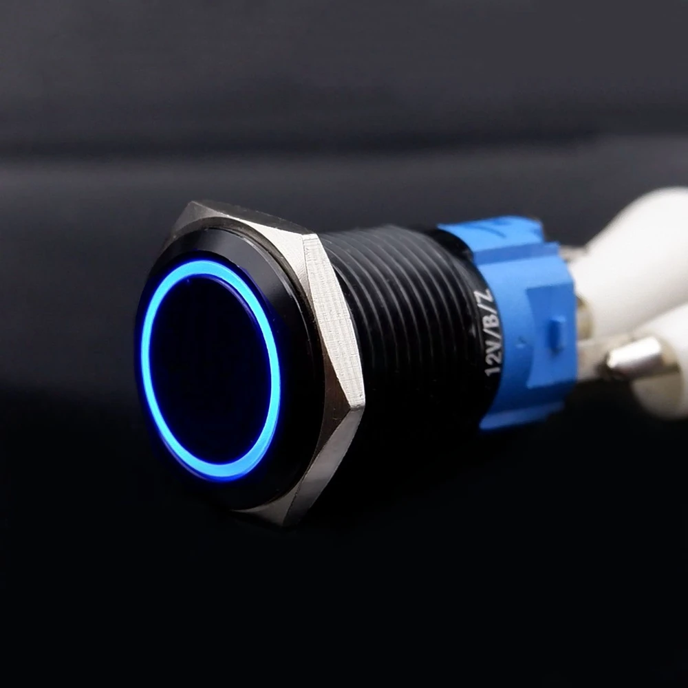 Черный кнопочный переключатель, светодиодный светильник 16/19/22 мм, водонепроницаемый, с подсветкой, металлическая, плоская фиксация, мгновенного действия, с индикатором питания 5 В, 12 В, 220 В