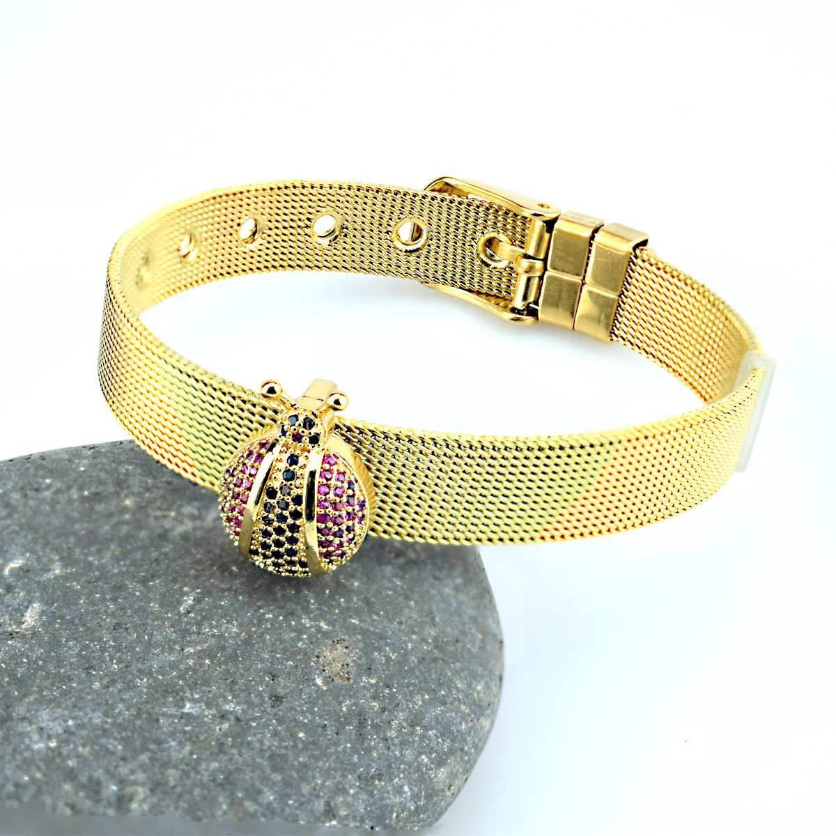 

Multi Cubic Zircon Insect Ladybug Bracelet for Women Gold/Rose Gold Color Stainless Steel Mesh Charm Bracelets Jewelry