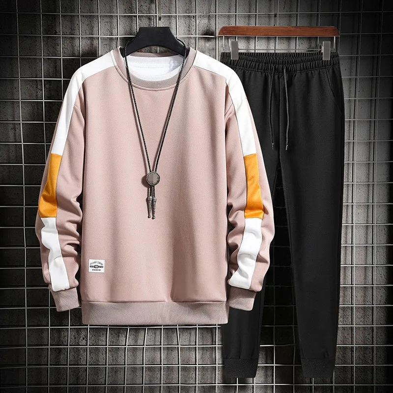 

Autumn Men Sweatshirt Two Piece Set Loose Long Sleeve Pullovers Tops Black Elastic Waist Sweatpants Set Sport Suit Oversize