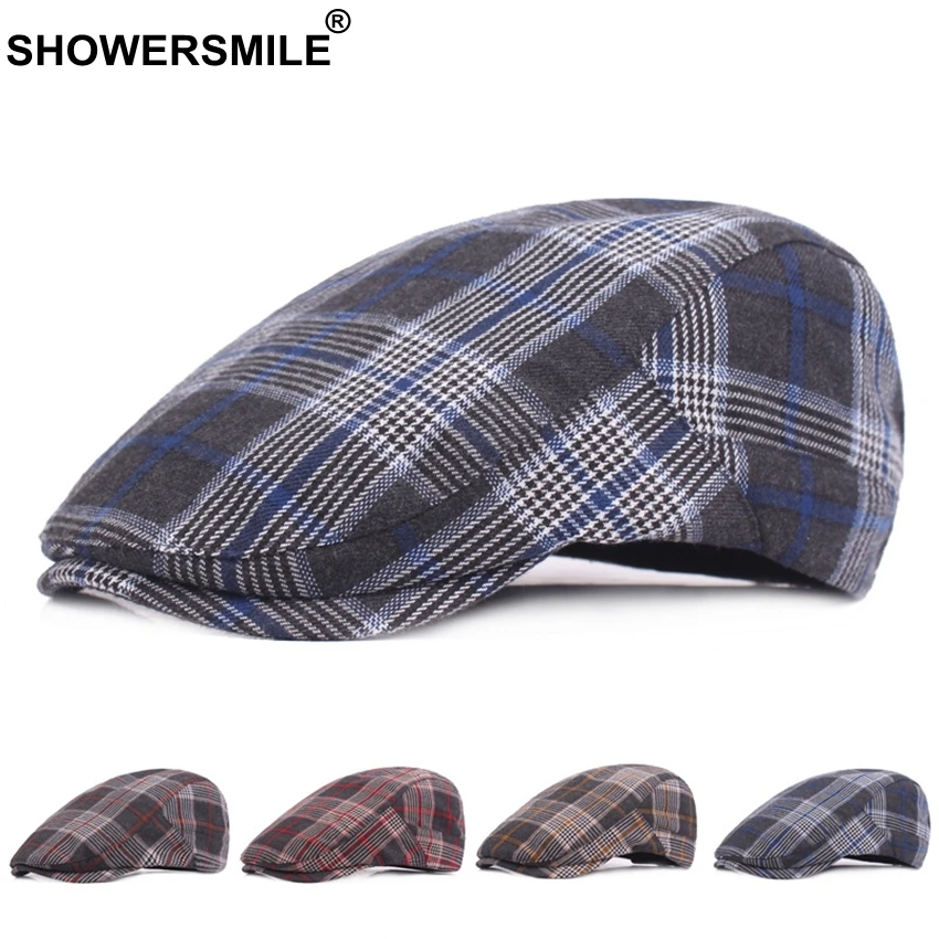 SHOWERSMILE Красный Клетчатый Берет Головные уборы для мужчин и женщин клетчатые плоские шапки хлопковые береты мужские классические винтажные регулируемые шапки в британском стиле