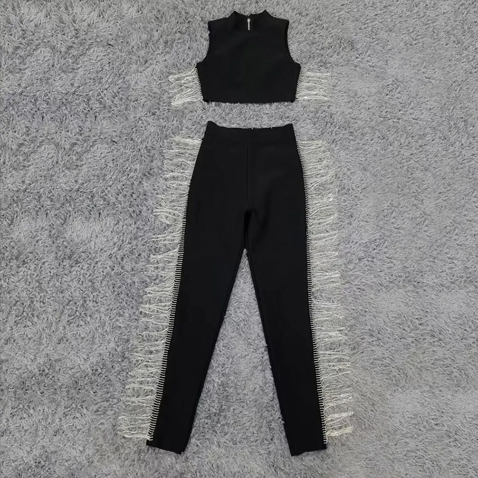 

Free Shipping 2020 New Women Bandage Costume Set Black Sexy O-neck Sleeveless Fringed Short Top & Pants Two-piece Club Party Set