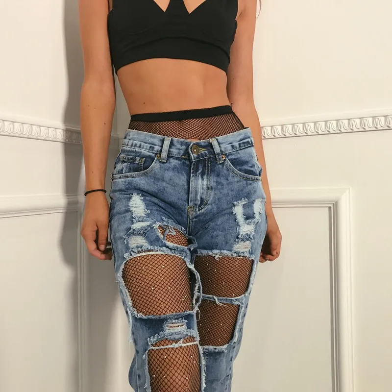 Модные женские леггинсы с сеткой рыбкой черные прозрачные стразы сексуальные