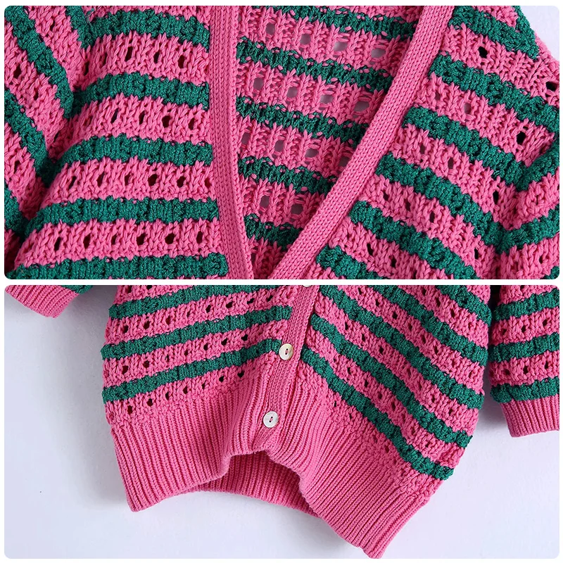 

New Women Sweater Fashion V-Neck Striped Hollow Out Crochet Knitted Spring Autunm Sweater Female Chic Cardigans Tops Outcoat