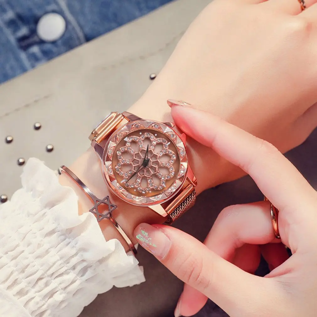 Женские кварцевые наручные часы женские вращающиеся с бриллиантами магнитной