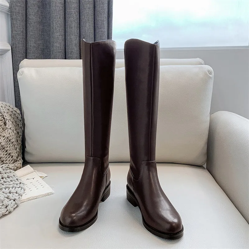 

Meotina Western Boots Women Shoes Real Leather Mid Heel Lady Long Boots Buckle Zipper Block Heels Knee High Boots Brown Size 40