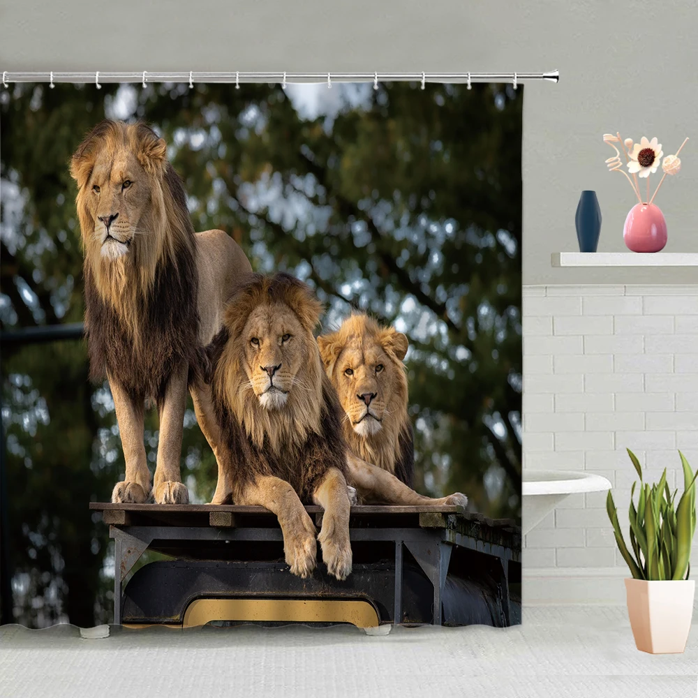 

Animals Shower Curtain Tiger Horse Cow Lion Sea Beach Grassland Mountain Trees Snowfield Pattern Bathroom Decoration With Hooks