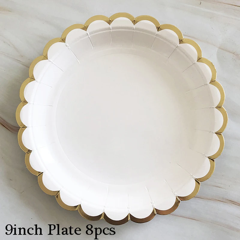 9inch plate 8pcs Белые одноразовые столовые приборы, вечерние, золотые, бумажные тарелки, стакан с соломинкой, для первого дня рождения, вечеринки, свадьбы, декор для детей, детские вечерние принадлежности - Цвет: 9inch plate 8pcs