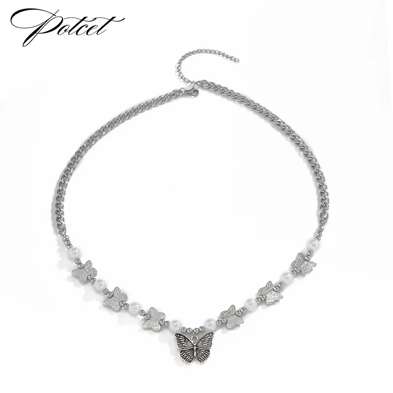 

POTCET Unisex Stainless Steel Pearl Butterfly Titanium Steel Necklace Pendant Clavicle Chain Fashion Hip Hop Party Jewelry
