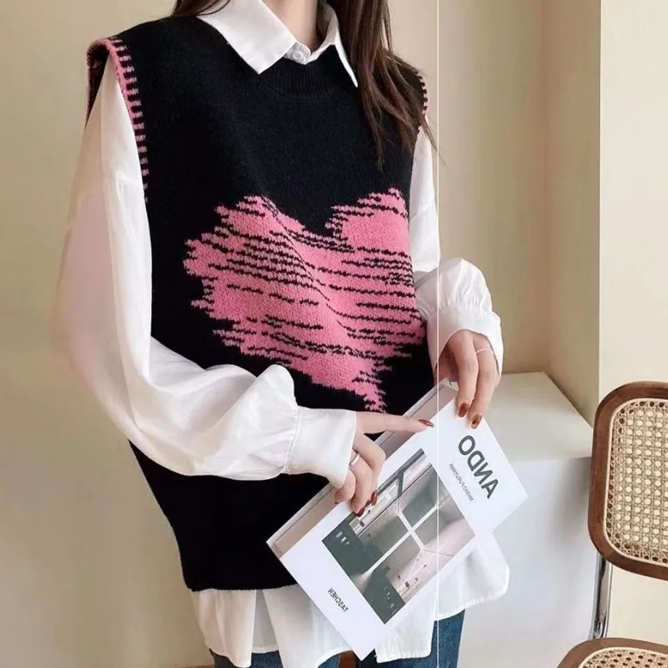 

Love Women's Spring 2021 New Round Neck Waistcoat Knitted Sweater College Loose Outer Wear Waistcoat