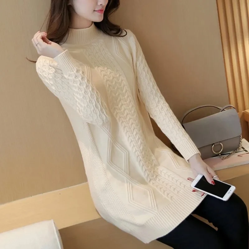 

Knitted Sweater Jumper Autumn Winter Clothes Women Mid-Length Long Sleeve Pullover Jersey Mujer Loose Mock Neck Warm White Tops