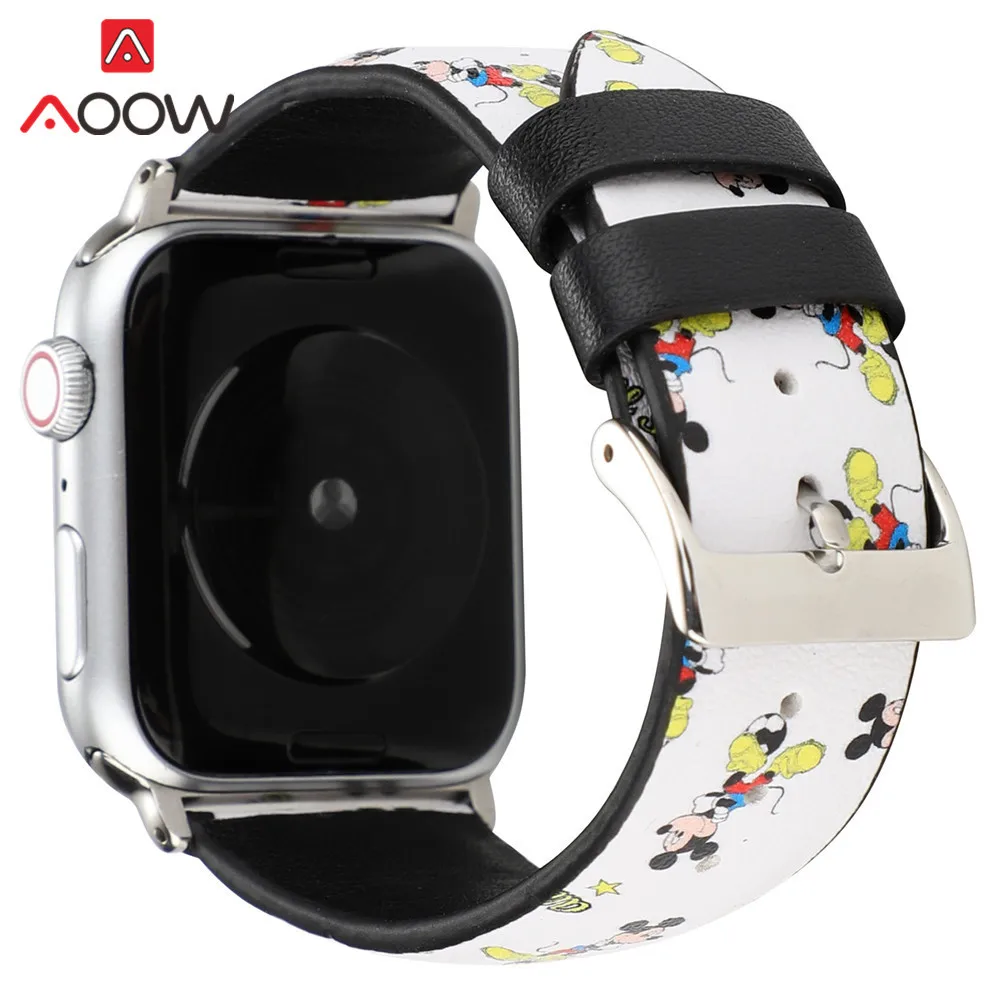 Кожаный ремешок для часов с мультяшным принтом для Apple Watch 40 мм 44 мм 38 мм 42 мм Микки браслет с подвеской в виде мыши ремешок для iWatch 1 2 3 4