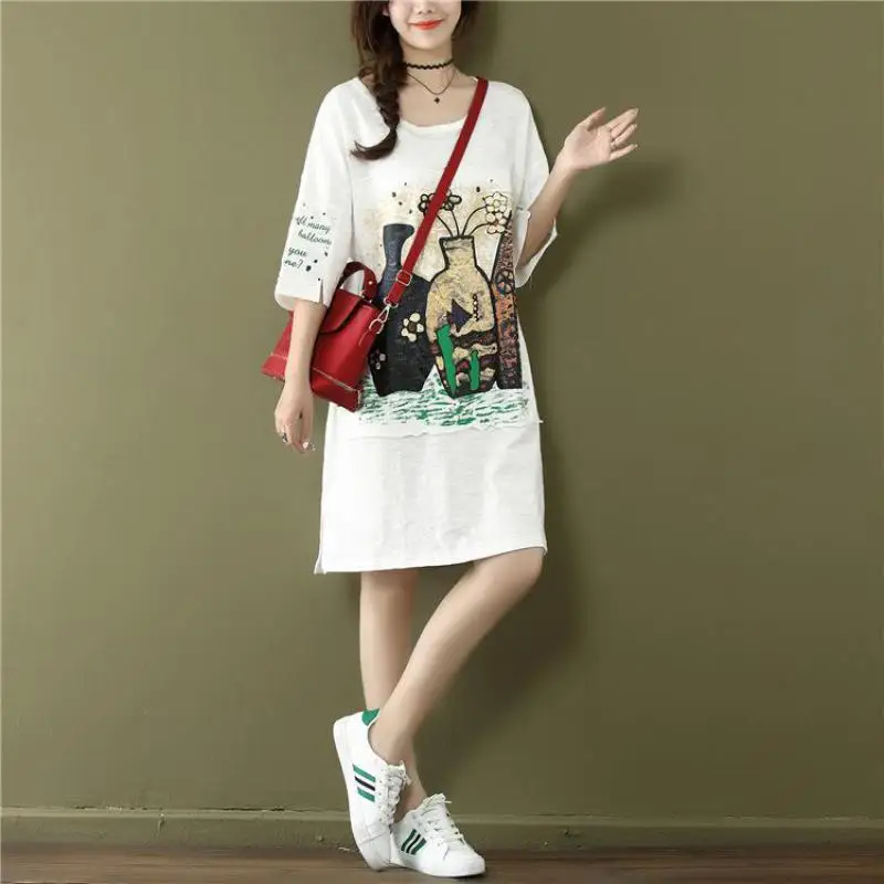 2021 летние свободные женское платье живопись письмо наклейка с принтом короткими