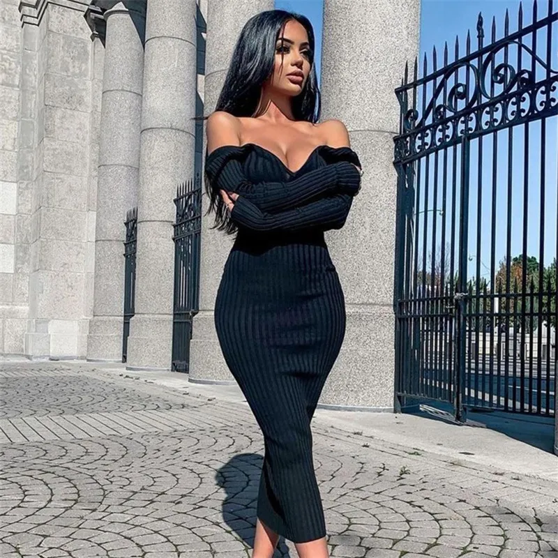 

WJFZQM Black Dresses For Women Sexy Strapless Ribbed Knitted Bodycon Dresses Women Winter Long Sleeve Midi Sweater Dress Clothes