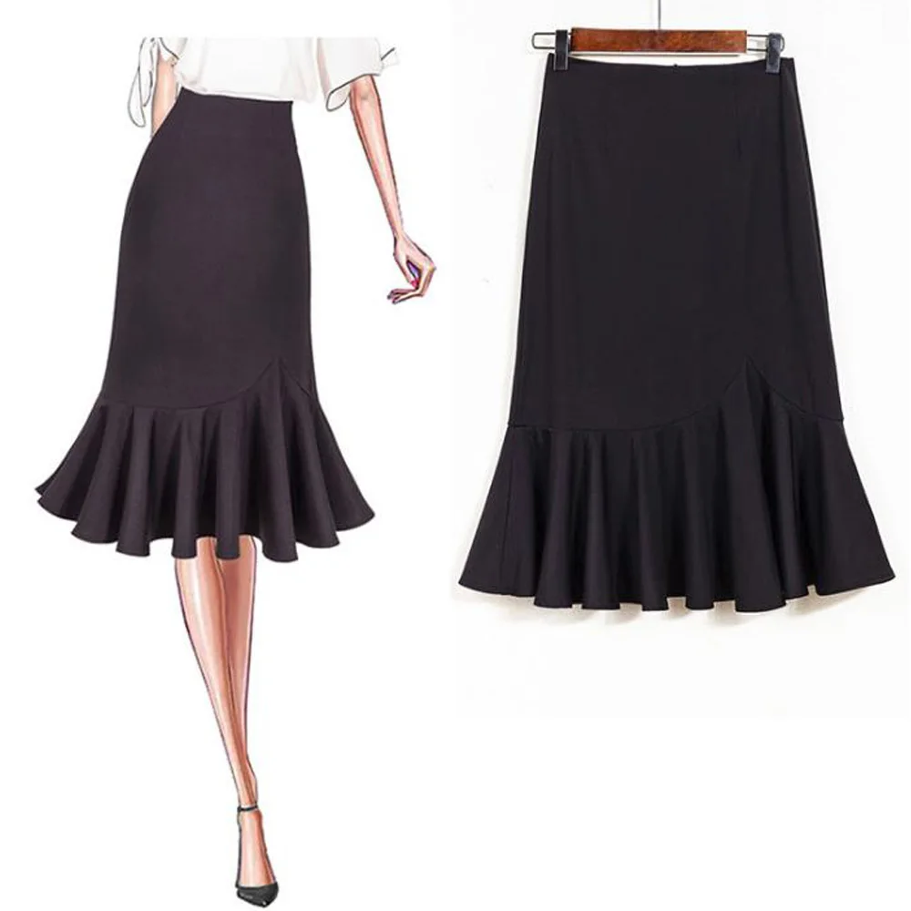 Короткая юбка-русалка черная юбка средней длины эластичная с высокой талией