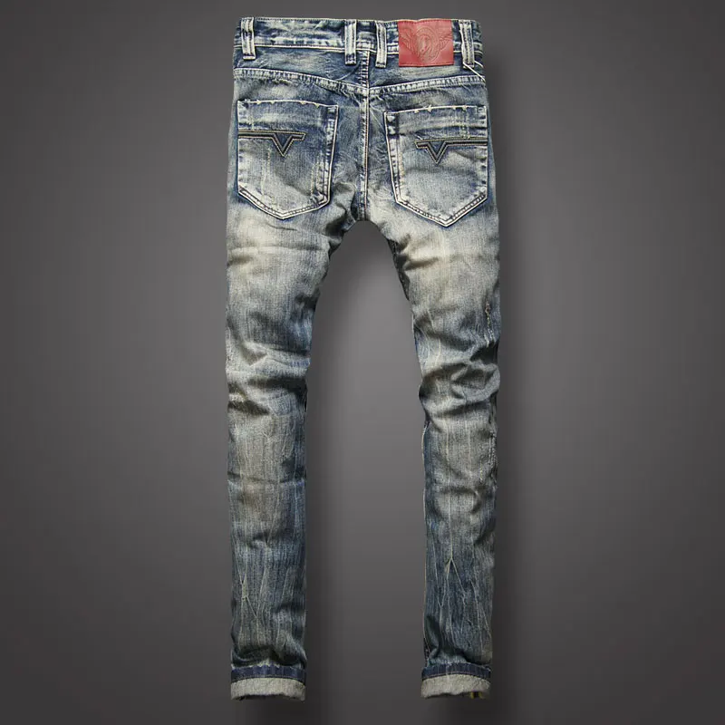 European Vintage Fashion Men Jeans High Quality Retro Distressed Ripped Jeans Men Patchwork Designer Casual Cotton Denim Pants