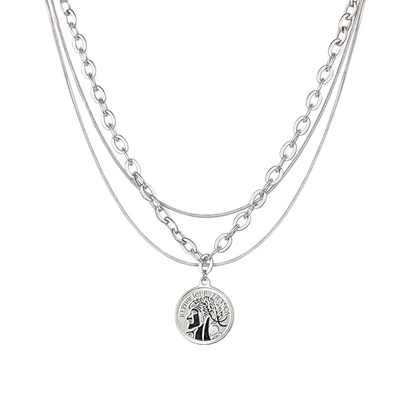 

XIYANIKE 925 Sterling Silver New Three-layer Coin Head Pendant Necklace Female Fashion Retro Temperament Prevent Allergy Party