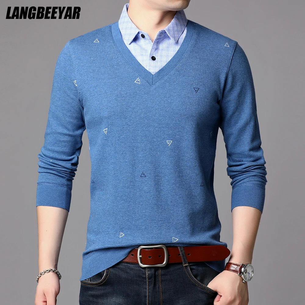 

Top Quality 2021 New Fashion Brand Knit Korean Pullover V Neck Shirt Collar Fake Two Sweaters Casual Jumper Mens Clothes
