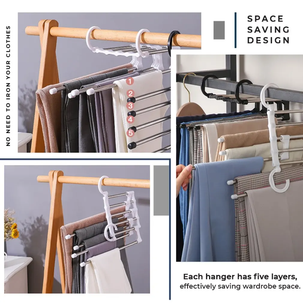 

Multi-functionalx 5 in 1 Trouser Storage Rack Adjustable Pants Tie Storage Shelf Closet Organizer Stainless Steel Clothes Hanger