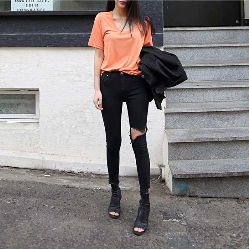 Джинсы женские Асимметричные стрейчевые с дырками высокой талией | Женская