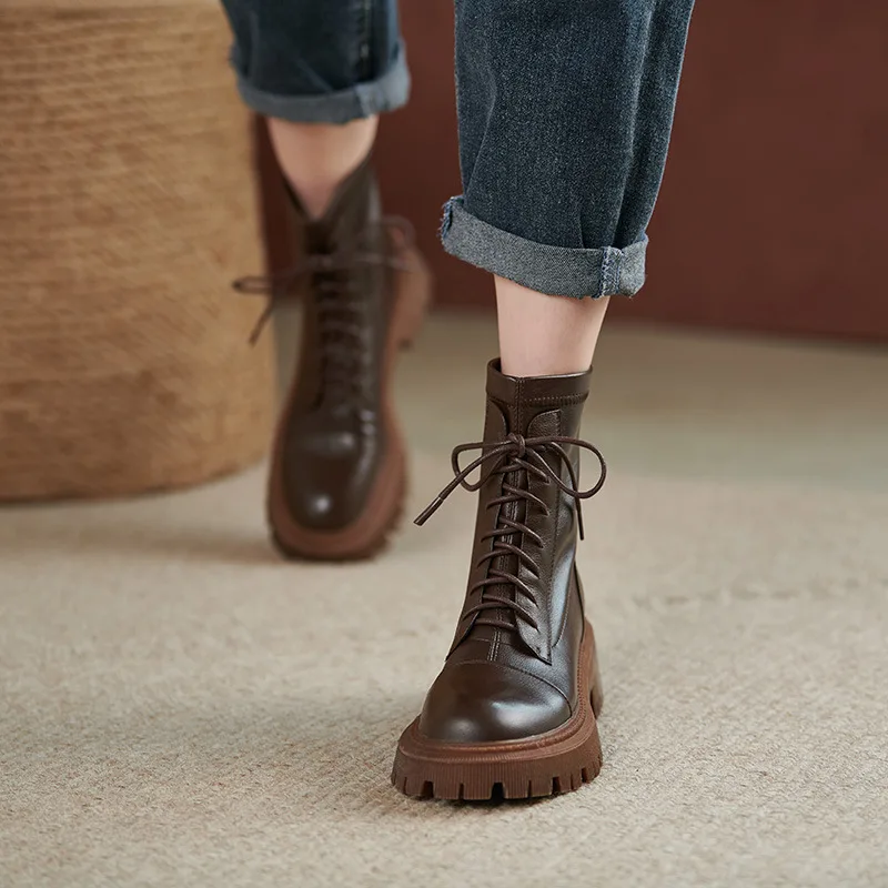

Women's Thick Marten Boots 2022 Winter British Style Wedges Female PU Leather Ankle Boots Fashion Round Toe Platform Botas Mujer