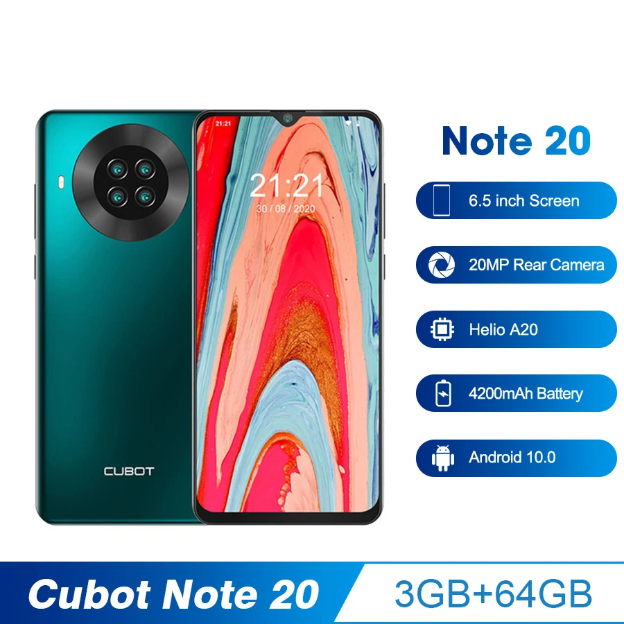 Перейти на Алиэкспресс и купить CUBOT Note 20 мобильный телефон, 3 ГБ + 64 ГБ, 6,5 дюйма, 4200 мАч, Google Android 10, две sim-карты, телефон, задняя камера, смартфон NFC