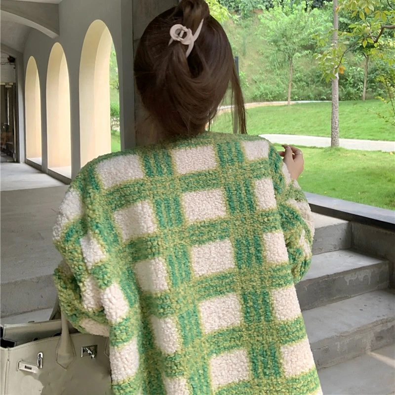 Sungtin Wool Fleece Plaid Coat Women Winter Lamb Faux Fur Overcoat Female Loose Thick Warm Green oversized Jacket Lady Elegant | Женская