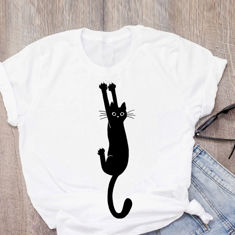 

Woman Tshirt Funny Black Cat Printed Short Sleeve Tshirt women Summer Fashion O-Neck Female Tee Top Ladies Graphic T-shirt