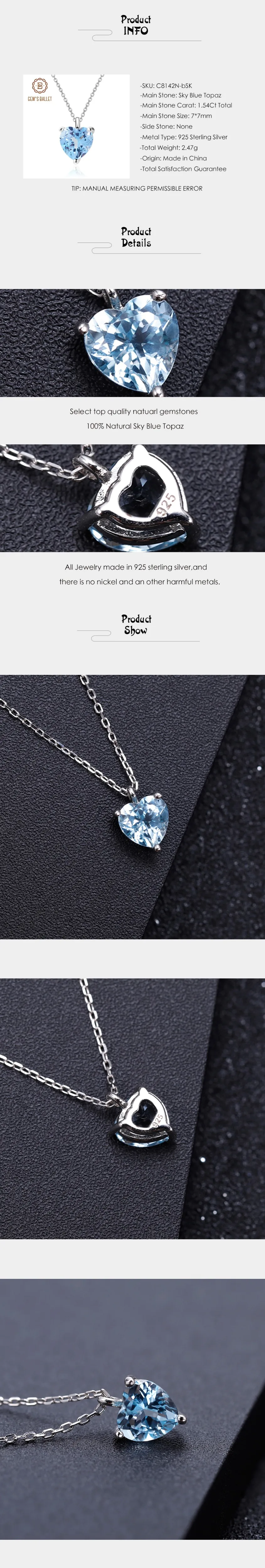 GEM'S BALLET 925 Sterling Silver Heart-shaped Jewelry 1.54 CT Natural Sky Blue Topaz Pendant Necklace Women Gifts