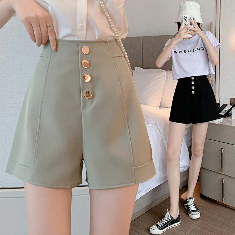 

Black Green Wide-Legged Plus Size 5Xl Large Fashion Zevity Basic High Waist Summer Women'S Casual Clothing Fitness Shorts 2021