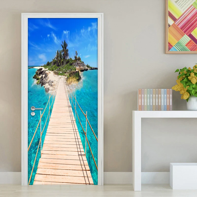 3D наклейка на дверь морской остров Настенная Наклейка сделай сам самоклеящаяся