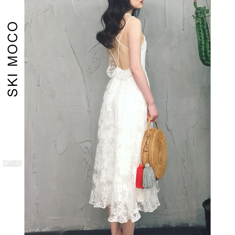 Женское пляжное платье Белое Облегающее Платье с открытой спиной и цветочным