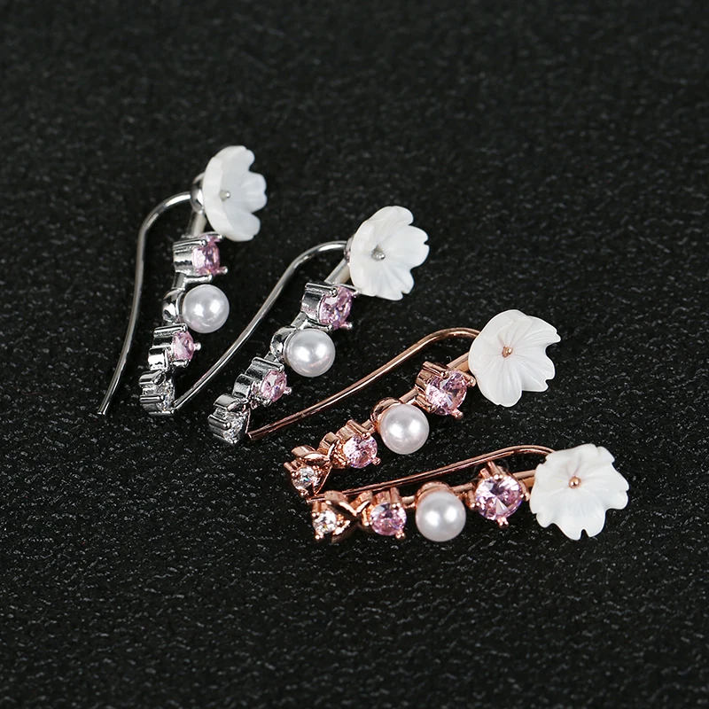 Cute Flower Stud Earrings For Women Crystal Pearl Shell Rose Gold Cuff Trendy Wedding Earring Female Romantic Pierce Ear Jewelry