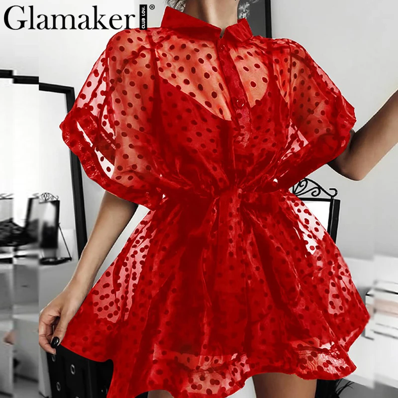 Женское Сетчатое платье рубашка Glamaker белое элегантное Бандажное в горошек с