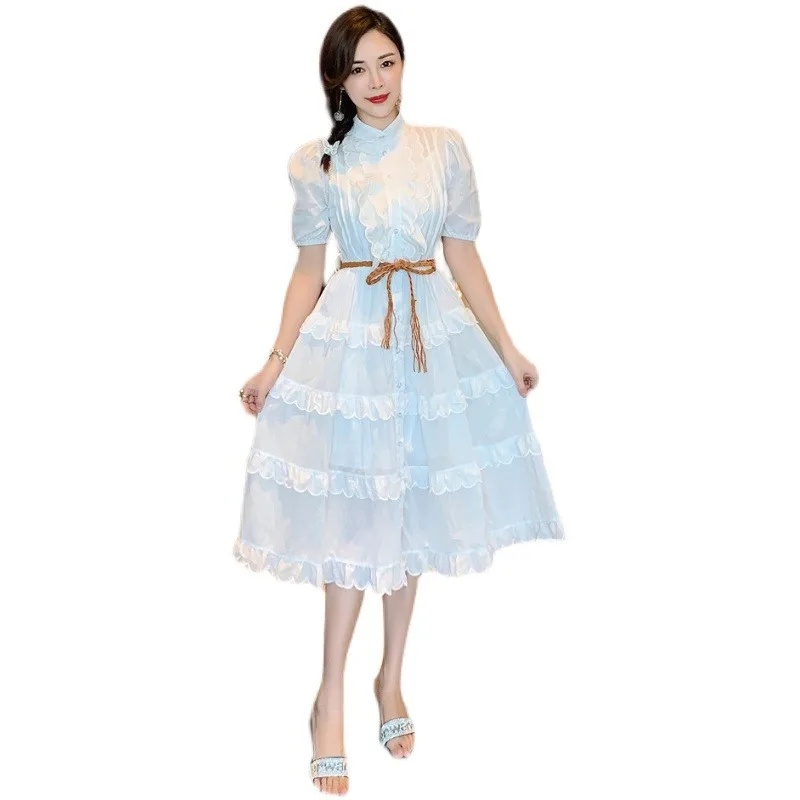 

2021 Vintage Solid White Dresses Robe Short Puff Sleeve Runway Autumn Spring A-Line Elegant Women Dress