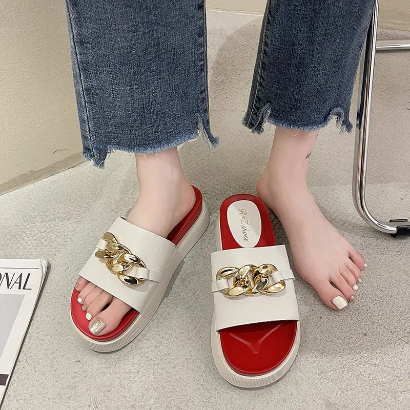 

Slippers Casual Women's Shoes With Platform Slides Med Pantofle Luxury Flat Soft Summer 2021 Leisure PU Rome Med Slippers Soft W