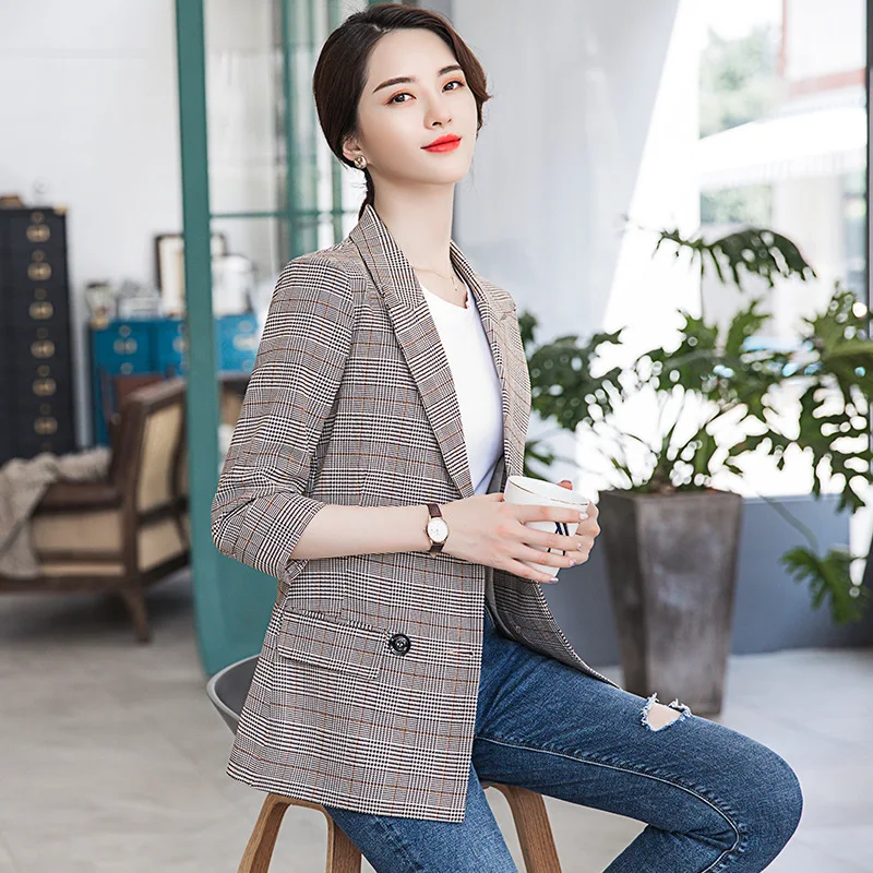 

Blazer women casual plaid slim double-breasted suit jacket ladies jacket 2019 autumn new women's clothing