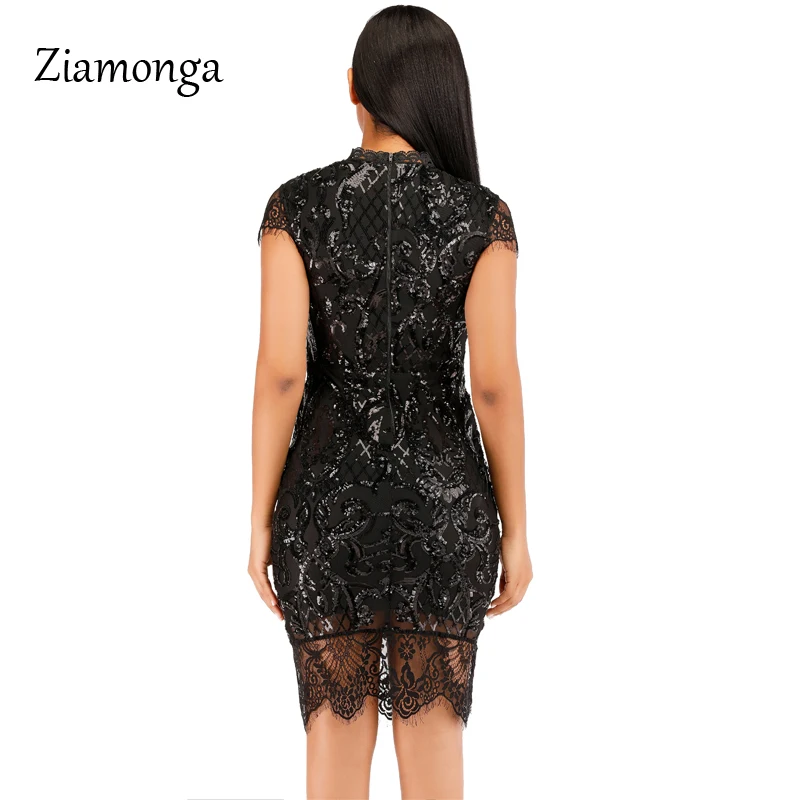 Женское кружевное платье с цветочной вышивкой Ziamonga черное облегающее блестками