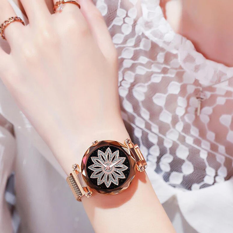 Free Shipping 2020 Fashion Flowers Elegant Women Creative Watches Luxury Rose Gold Mesh Magnet Buckle Qaurtz Cheap | Наручные часы