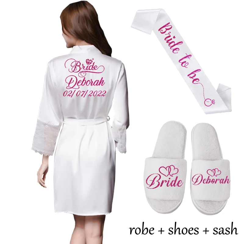 white robe sash shoe Сексуальное Женское ночное белье с кружевными рукавами, пеньюар, свадебное кимоно, шифон, шелк, женские халаты, халаты для невесты, персонализированное имя - Цвет: white robe sash shoe