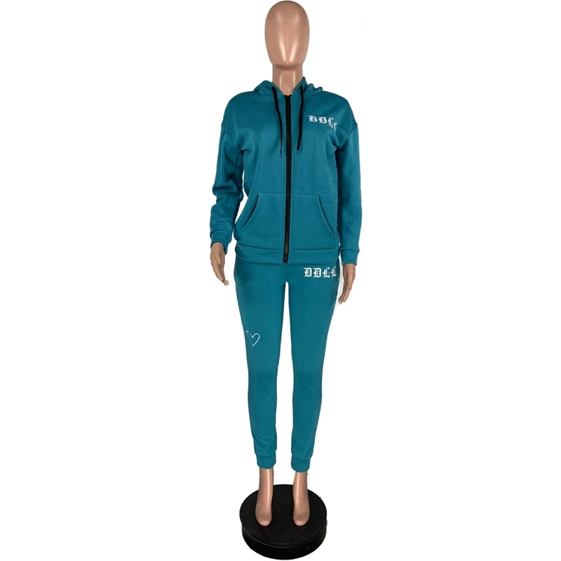 

ZKYZWX Plus Size Hoodeds Drawstring Full Sleeve Zip Letter Embroidery 2 Piece Set for Women Sweatsuit Sexy Joggers Matching Sets